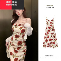 YIBUSHENG2024年季新款玫瑰碎花紧身性感吊带连衣裙女显瘦纯欲风中长裙子