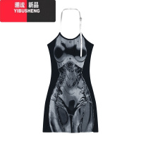 YIBUSHENG辣妹印花白色挂脖吊带连衣裙女季修身露背短裙收腰显瘦包臀裙子