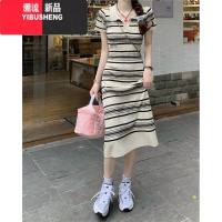 YIBUSHENG韩系条纹polo领短袖针织连衣裙女2024季修身显瘦气质包臀长裙子