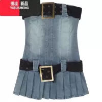 YIBUSHENG辣妹一字肩抹胸牛仔连衣裙女季裙子复古高级感收腰显瘦百褶短裙