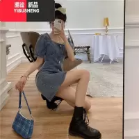 YIBUSHENG减龄气质设计感泡泡袖牛仔连衣裙女季薄款大码收腹显瘦背带短裙