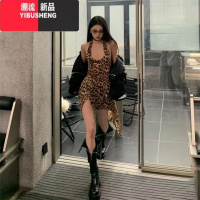 YIBUSHENG##欧美网红同款拽姐豹纹吊带裙女 百搭收腰伞形显瘦连衣裙