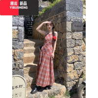 YIBUSHENG格子挂脖吊带连衣裙女季海边度假气质露背绑带收腰显瘦A字长裙