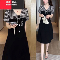 YIBUSHENG2024季新款时尚假两件短袖连衣裙女大码显瘦条纹拼接中长款裙子