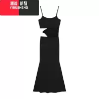 YIBUSHENG纯欲风性感黑色吊带连衣裙女季修身镂空长裙显身材收腰包臀裙子