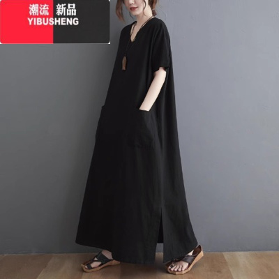 YIBUSHENG季胖妹妹宽松显瘦棉麻短袖连衣裙袍子大码减龄洋气女士亚麻长裙