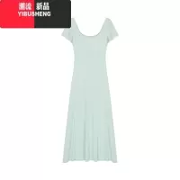 YIBUSHENG简约纯色方领修身短袖连衣裙女装季收腰显瘦带胸垫长裙