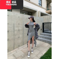 YIBUSHENG灰色荷叶边修身背心连衣裙女季气质无袖中长款开叉收腰包臀裙子