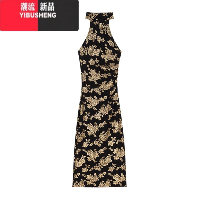 YIBUSHENG新中式改良旗袍烫金露背挂脖连衣裙女季收腰紧身中长款包臀裙子