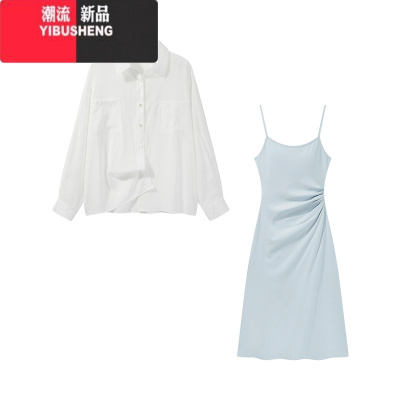YIBUSHENG羊城故事 浅蓝色吊带连衣裙女2024新款显瘦两件套露背a字中长裙