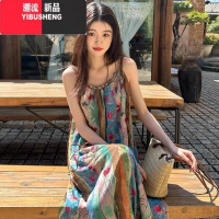 YIBUSHENG茶歇法式碎花吊带连衣裙子女季2024新款小个子海边度假沙滩长裙