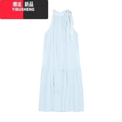 YIBUSHENG温柔风蓝色连衣裙女装季法式气质挂脖长裙海边度假风宽松A字裙