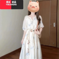YIBUSHENG法式高级感碎花短袖连衣裙子女季2024新款温柔气质系带收腰长裙