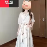 YIBUSHENG法式高级感碎花短袖连衣裙子女季2024新款温柔气质系带收腰长裙