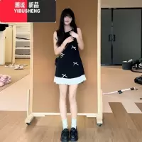 YIBUSHENG法式蝴蝶结撞色无袖连衣裙子2024季新款小个子圆领收腰a字短裙
