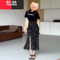 YIBUSHENG季2024新款假两件黑色t恤连衣裙子女法式茶歇赫本遮肉显瘦短裙