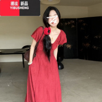 YIBUSHENG法式v领红色连衣裙女季2024新款设计感气质收腰独特绝美长裙子