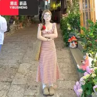 YIBUSHENG红色小飞袖吊带格子连衣裙子女季2024新款法式复古气质收腰长裙