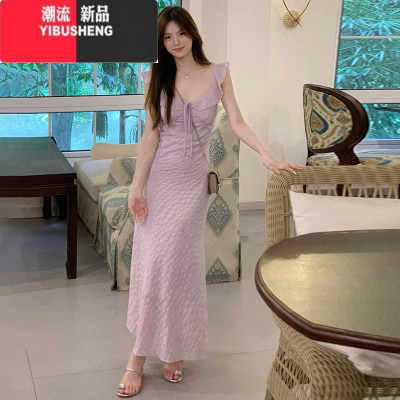 YIBUSHENG小飞袖紫色吊带连衣裙子女季2024新款海边度假法式气质绝美长裙