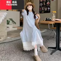 YIBUSHENG蓝色条纹衬衫连衣裙子女季2024新款宽松慵懒叠穿日系长裙松弛感