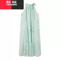 YIBUSHENG薄荷曼波挂脖蝴蝶结连衣裙女海边度假风甜美A字拼接裙蛋糕长裙子