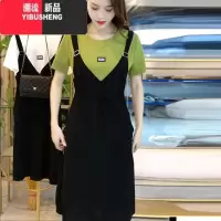 YIBUSHENG时尚气质连衣裙女2024季新款拼接收腰显瘦中长款背带假两件裙子