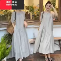 YIBUSHENG慵懒风宽松垂感短袖连衣裙女遮肉显瘦高级感气质镂空休闲圆领长裙