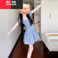YIBUSHENG法式蓝色碎花连衣裙子女季2024新款气质一字肩小众设计甜美短裙