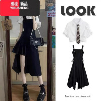 YIBUSHENG美式少女学院风黑色背带裙子套装辣妹长裙下摆不规则连衣裙两件套