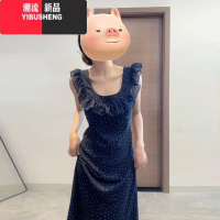 YIBUSHENG荷叶边小飞袖波点连衣裙子女季2024年新款法式方领露背吊带长裙