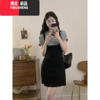 YIBUSHENG大码胖mm法式复古时尚设计感开叉翻领假两件拼接短袖连衣裙女装