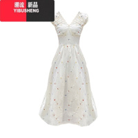 YIBUSHENG季法式设计感V领碎花连衣裙小个子奶甜初恋收腰显瘦别致长裙子