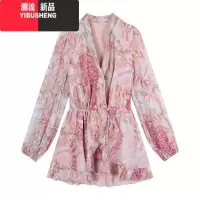 YIBUSHENG法式碎花v领长袖雪纺连衣裙女季高级感收腰裙子气质粉色a字短裙