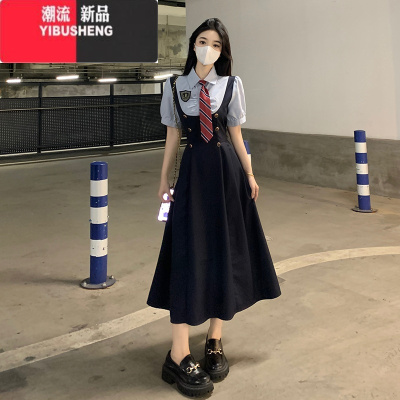 YIBUSHENG大码韩系学院风polo领连衣裙女季胖MM收腰遮胯假两件JK制服裙子