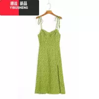 YIBUSHENG[]澳洲小众新款肩部系带显瘦吊带牛油果绿碎花开叉连衣裙女