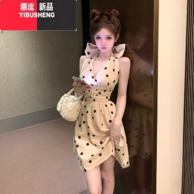 YIBUSHENG甜辣妹小裙子高级感气质名媛生日小礼服女季新款波点挂脖连衣裙