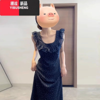 YIBUSHENG荷叶边小飞袖波点连衣裙子女季2024年新款法式方领露背吊带长裙