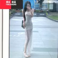 YIBUSHENG显身材水墨画吊带连衣裙2024新款修身性感辣妹包臀裙子中长款