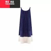 YIBUSHENG蓝色格子吊带连衣裙女季法式气质小个子盐系甜美背心大摆长裙子