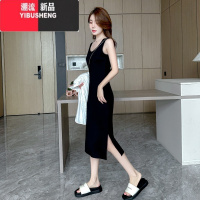 YIBUSHENG2024新款黑色吊带连衣裙女季无袖长裙打底背心裙内搭开叉小黑裙