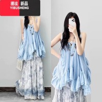 YIBUSHENG法式小个子蓝色吊带衬衫连衣裙女季2024新款设计感海边度假短裙