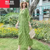YIBUSHENG复古文艺碎花棉麻连衣裙女季宽松显瘦抽绳收腰时尚休闲长裙
