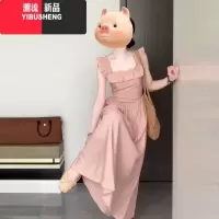 YIBUSHENG茶歇法式粉色小飞袖连衣裙子女季2024新款海边度假气质方领长裙