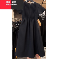 YIBUSHENG法式风琴褶收腰显瘦黑色连衣裙女季新款中长款圆领短袖小黑裙子