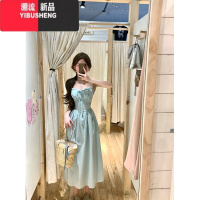YIBUSHENG薄荷绿蕾丝吊带连衣裙女季小个子收腰a字裙子海边度假露背长裙