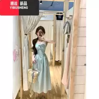 YIBUSHENG薄荷绿蕾丝吊带连衣裙女季小个子收腰a字裙子海边度假露背长裙