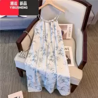 YIBUSHENG新中式国风挂脖碎花连衣裙2024季新款大码女装胖mm显瘦吊带裙子