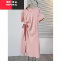 YIBUSHENG圆领设计感系带收腰连衣裙女季大码胖mm新款韩系时尚显瘦T恤裙