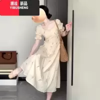 YIBUSHENG法式方领碎花连衣裙女季2024新款小个子高级感大方得体显瘦长裙