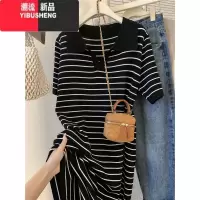 YIBUSHENG胖妹妹季短袖针织条纹polo衫连衣裙女2024新款中长款过膝t恤裙